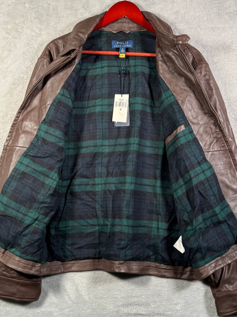 Polo Ralph Lauren Leather Jacket Mens M Brown Full Zip Plaid Lined Core Replen - Picture 6 of 13